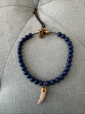 Michael Kors Blue Beaded Adjustable Bracelet Gold Pavé Horn Charm